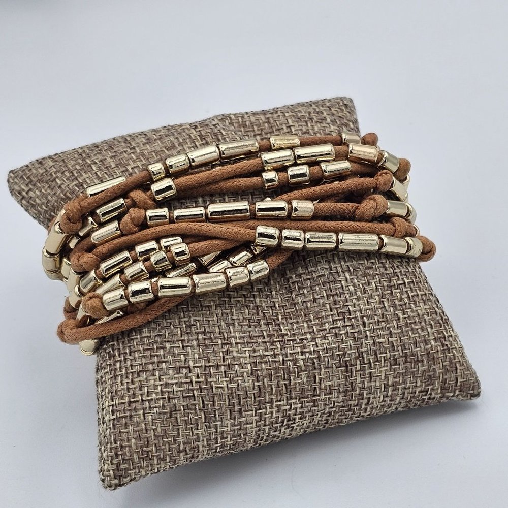 Multi Strand Brown Rope and Gold-tone Metal Beaded Bracelet